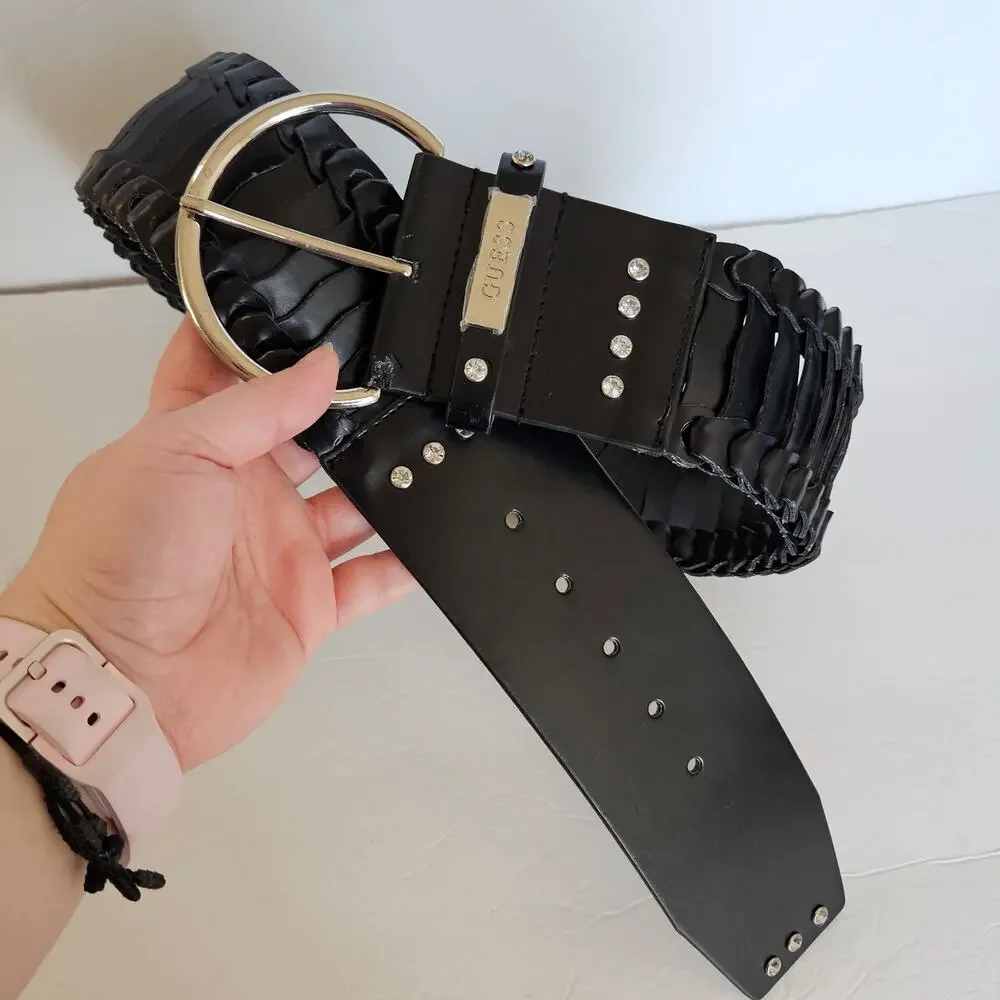 Guess Black Faux Leather Wide Belt Rhinestones Womens Medium Bold Goth Night Out
